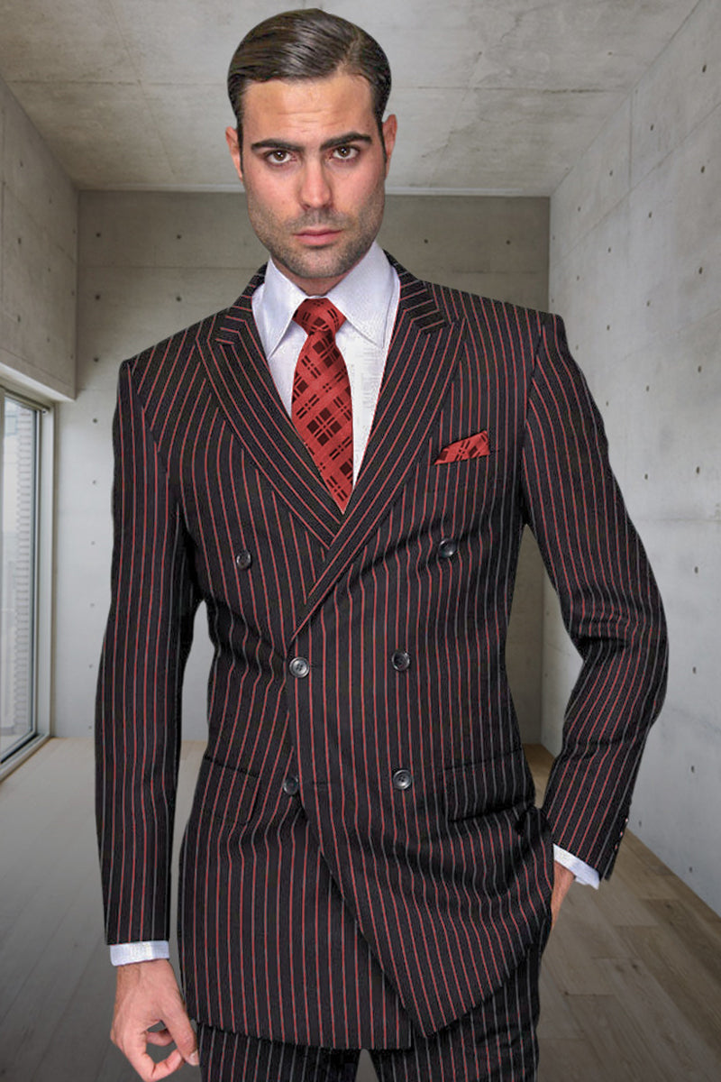 Men’s Designer Double Breasted Wool Suit in Bold Black & Red Gangster Pinstripe.