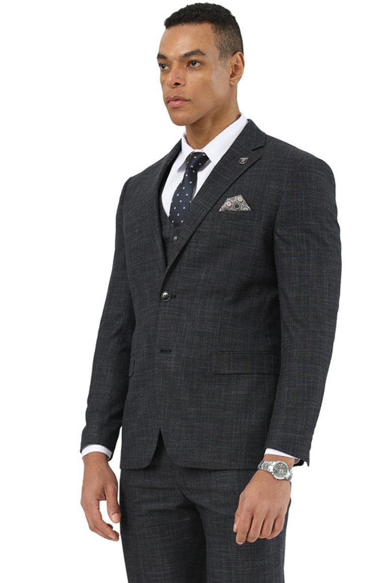 Men’s Designer Stacy Adams Vested Suit in Black Sharkskin Weave