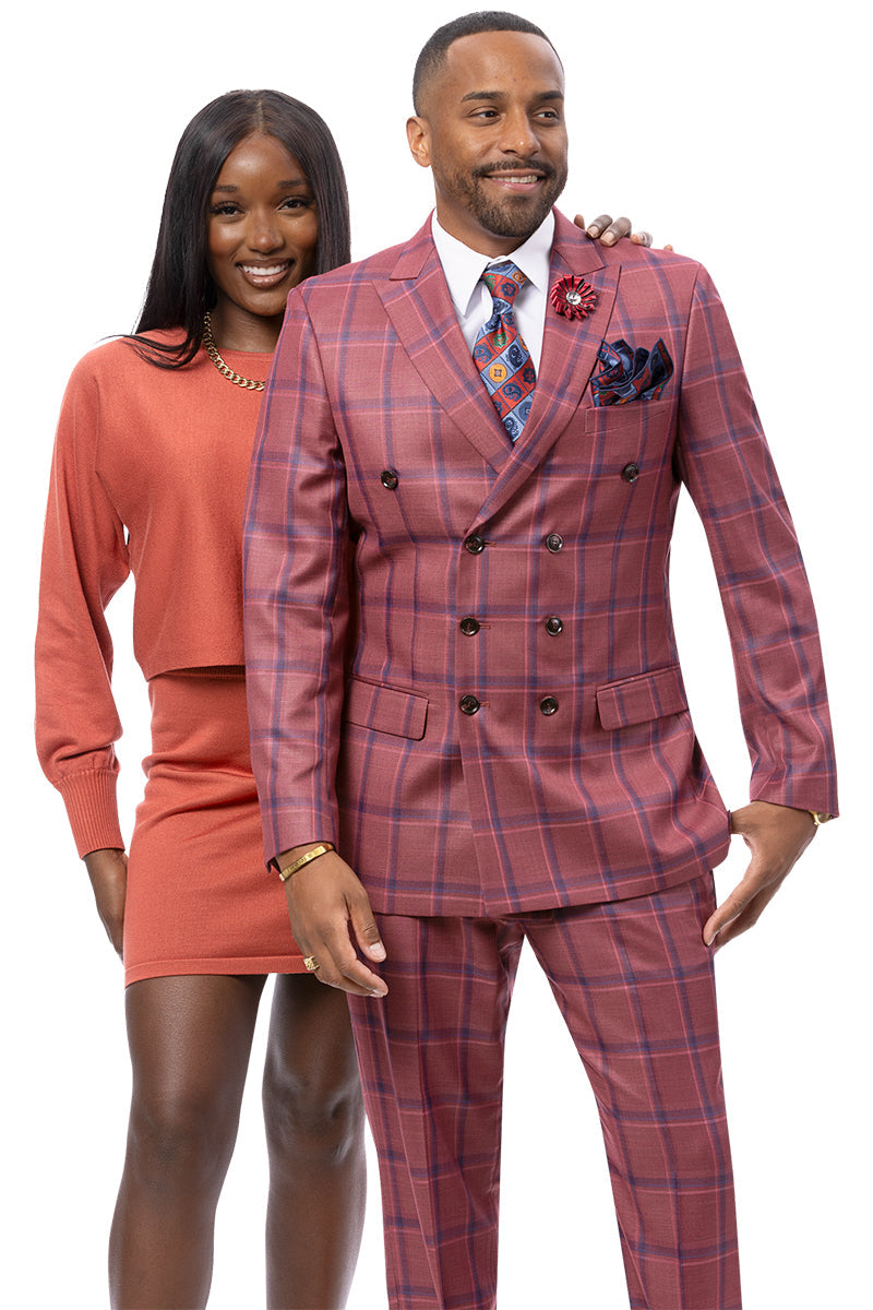 Men’s Double Breasted Fashion Suit in Light Burgundy Windowpane Plaid