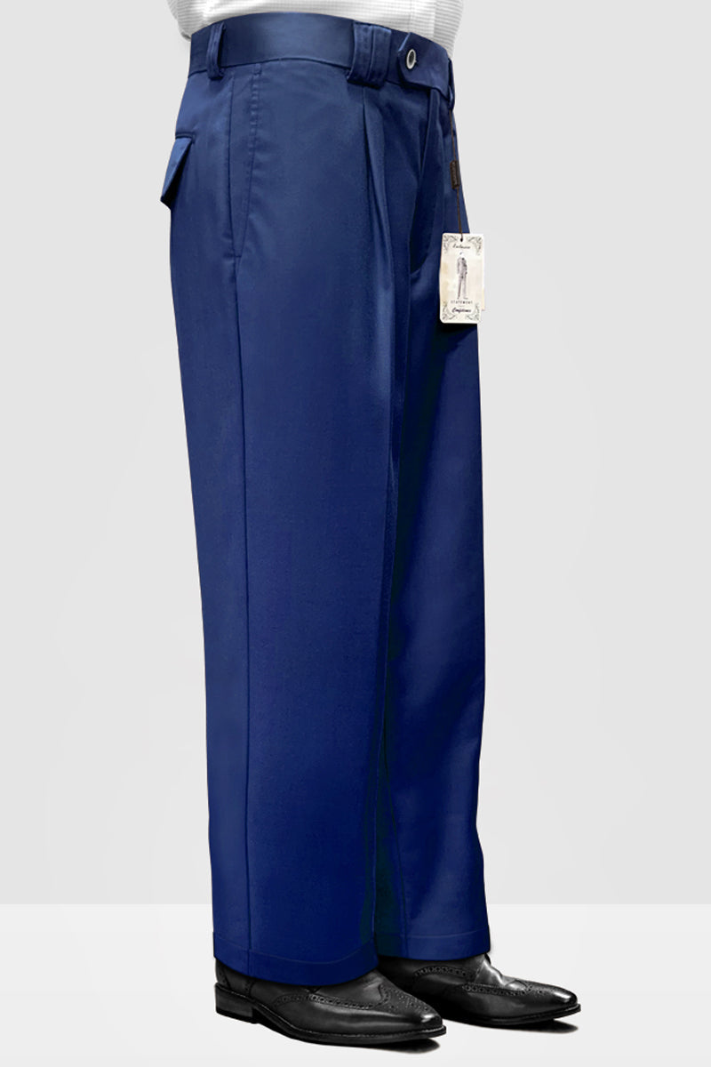 Men’s Designer Wool Pleated Wide Leg Dress Pants in Sapphire Blue