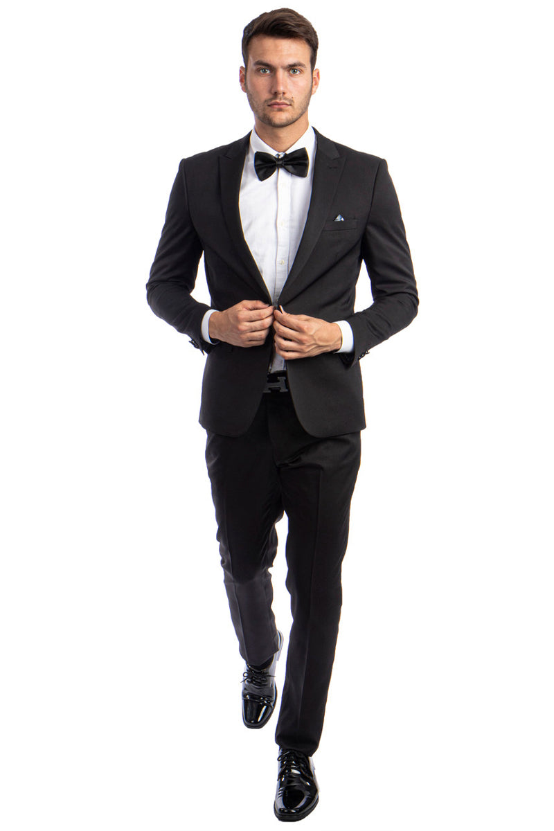Men’s One Button Peak Lapel Basic Slim Fit Suit in Black