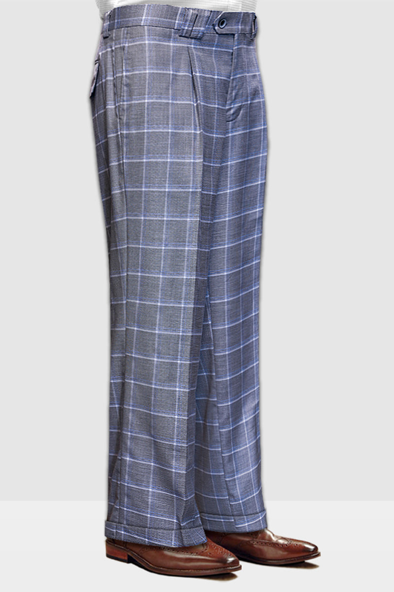 Men’s Designer Wool Pleated Wide Leg Dress Pants in Grey Windowpane Plaid