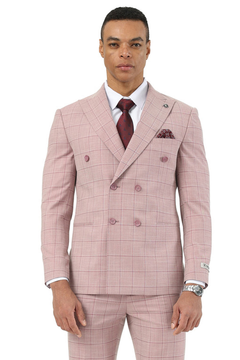 Men’s Stacy Adams Double Breasted Summer Suit in Pink Windowpane Plaid