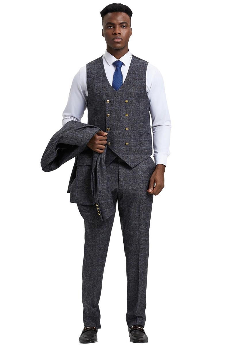Men’s Stacy Adams Peak Lapel Suit with Double Breasted Vest in Charcoal Grey Windowpane Plaid