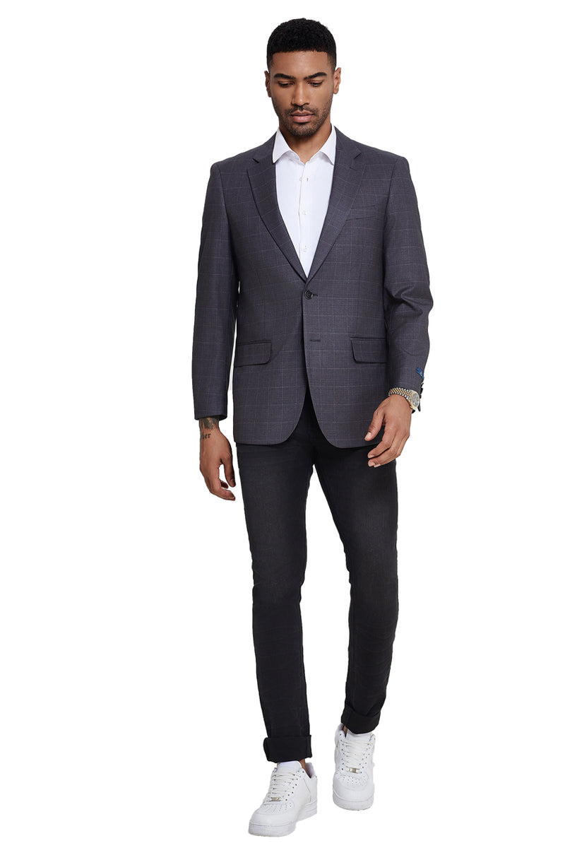 Men’s Two Button Modern Fit Sport Coat in Grey Windowpane Plaid