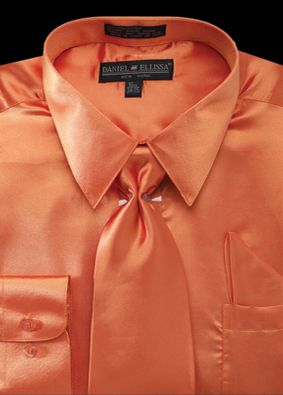 Men’s Regular Fit Shiny Satin Dress Shirt, Tie & Pocket Square Set in Orange