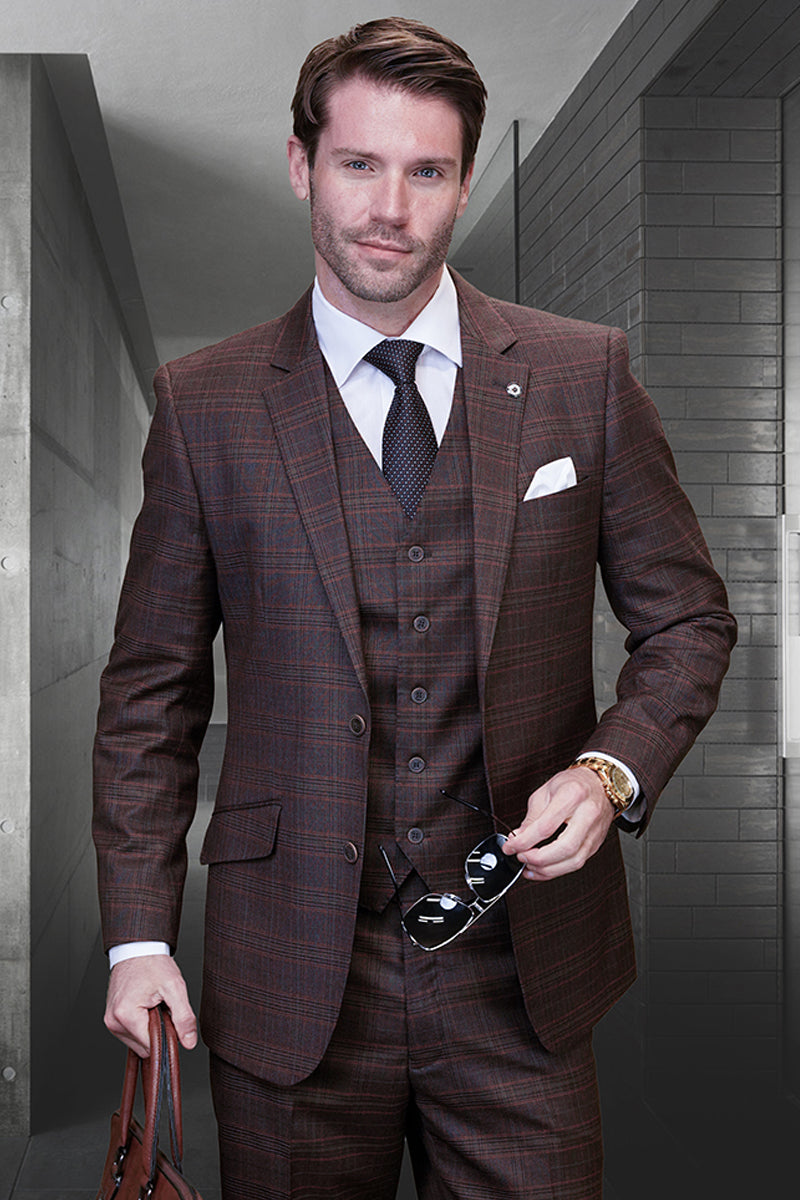 Men’s Modern Fit Vested Wool Suit in Copper Plaid