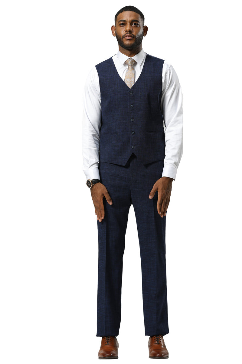Men’s Stacy Adams One Button Peak Lapel Vested Sharkskin Suit in Navy