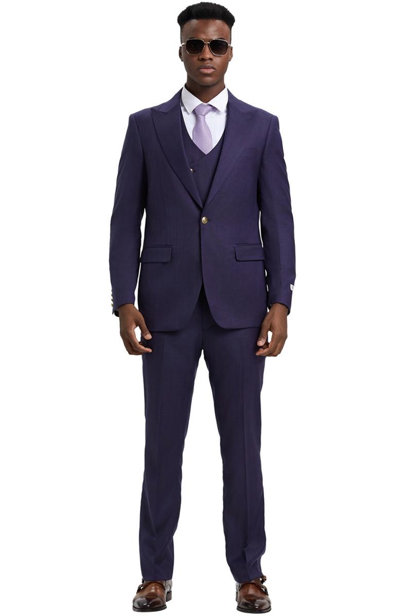 Men’s Stacy Adams Vested One Button Side Peak Lapel Pinstripe Suit in Eggplant Purple