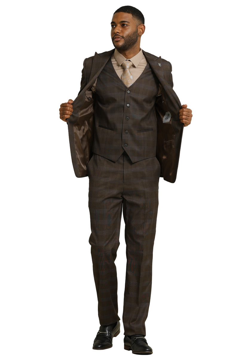 Men’s Stacy Adams One Button Vested Peak Lapel Suit in Brown Glen Plaid