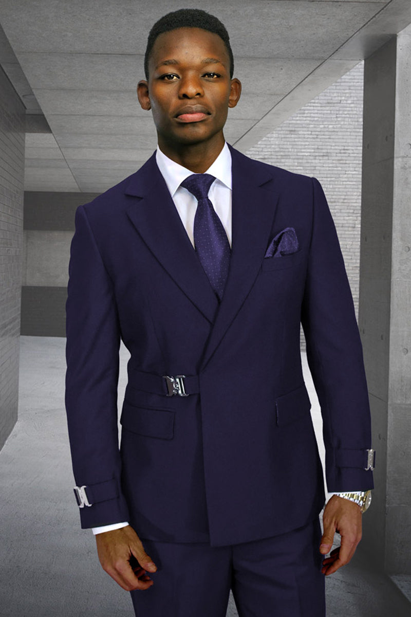 Men’s Designer Double Breasted Wool Suit with Buckle Closure in Navy Blue