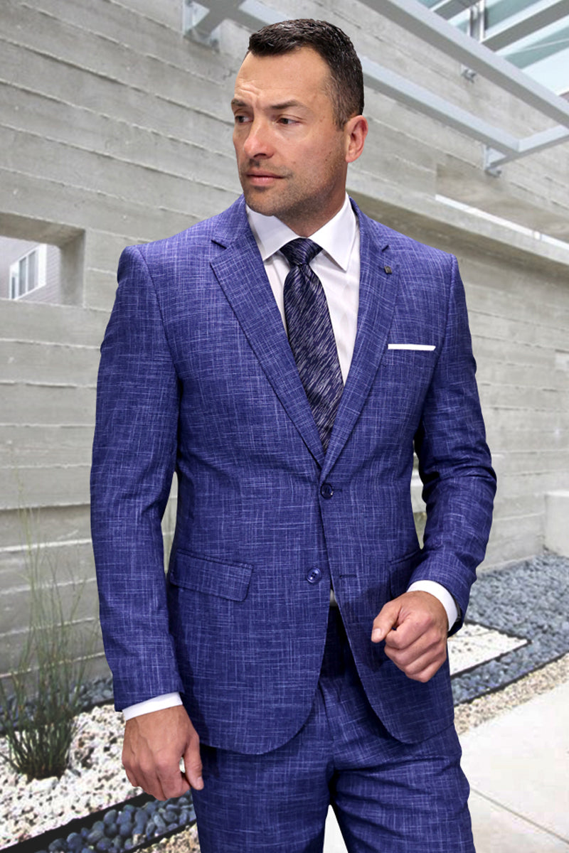 Men’s Designer Modern Fit Italian Wool Suit in Sapphire Blue Plaid