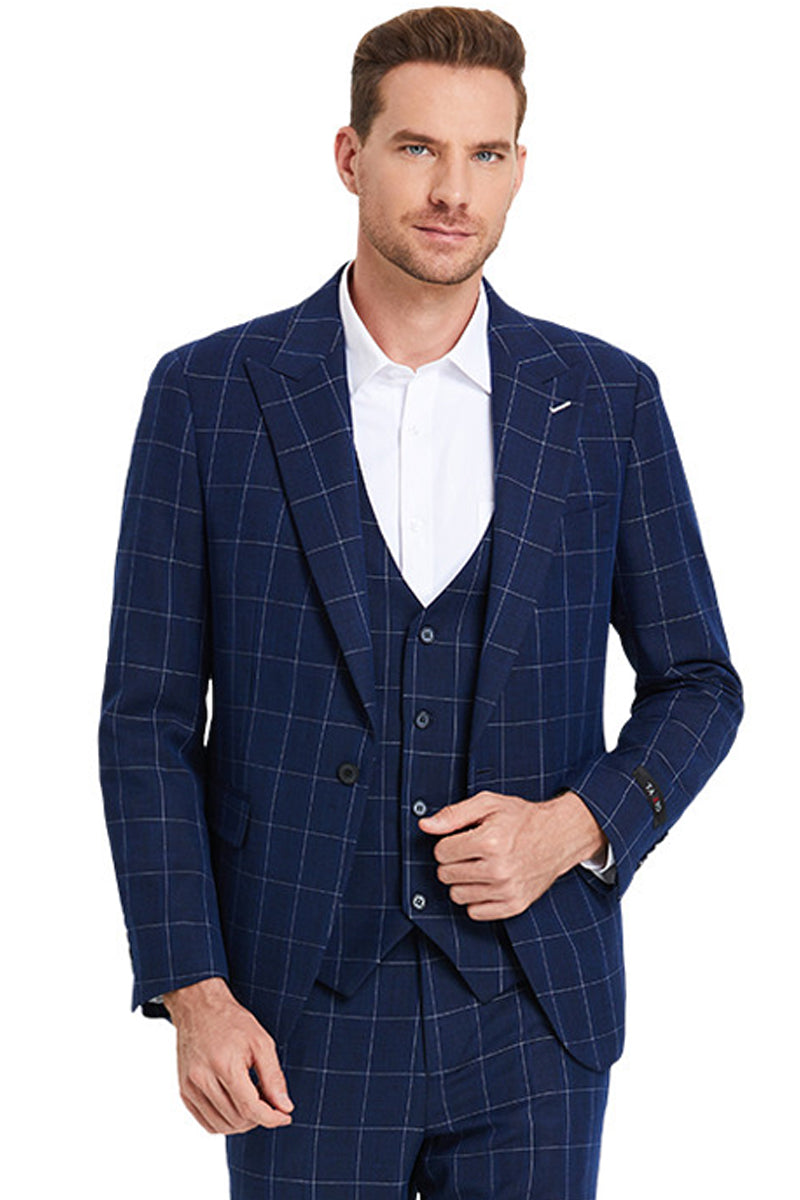 Men’s One Button Peak Lapel Vested Bold Chalk Windowpane Plaid Suit in Navy Blue