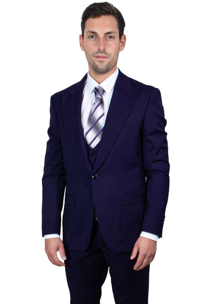 Men’s Vested One Button Peak Lapel Stacy Adams Suit in Navy Blue
