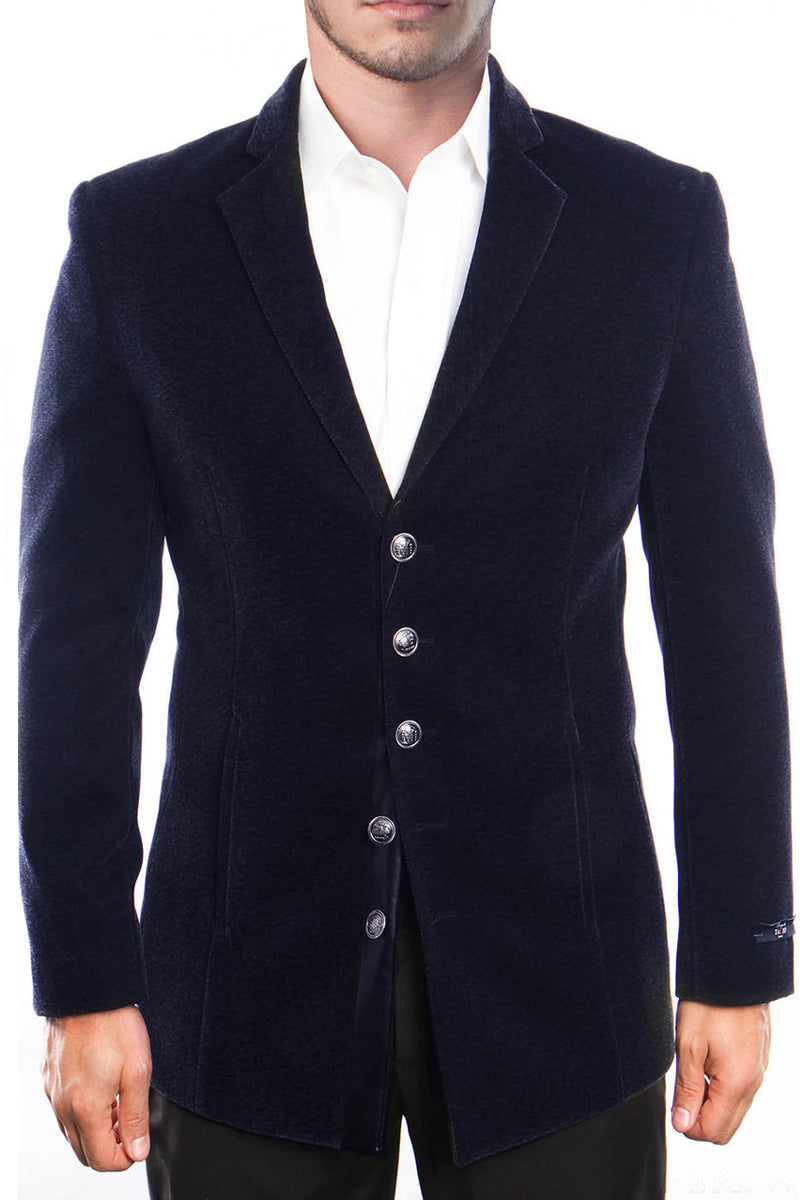 Men’s Five Button Vintage Style Velvet Coat in Navy