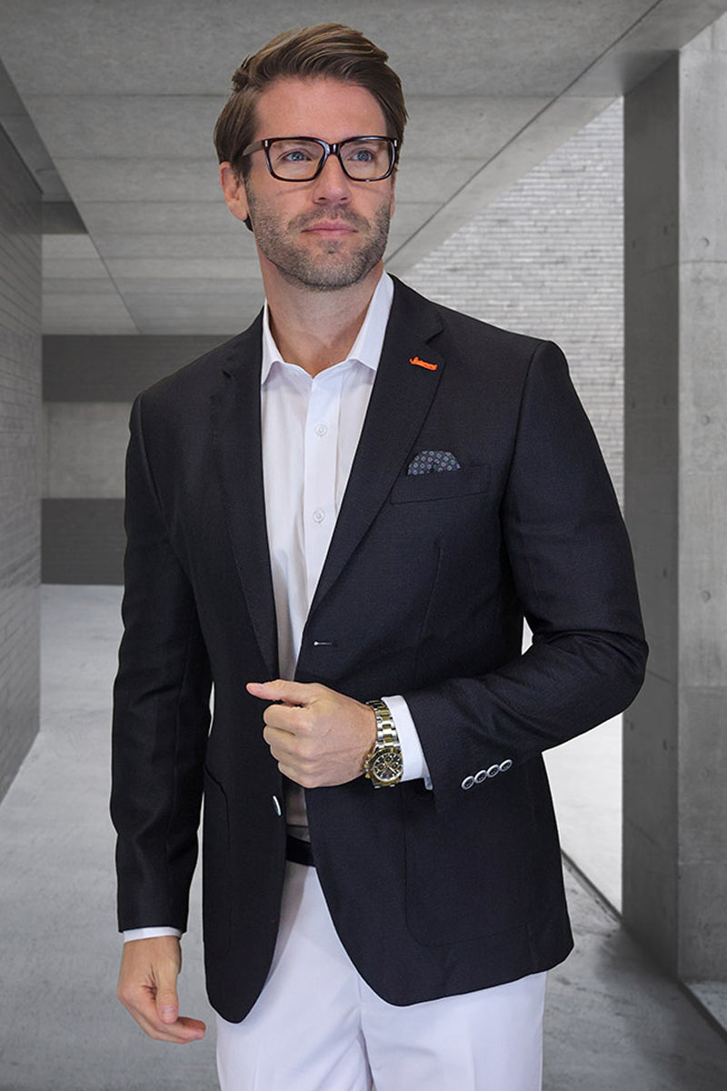 Men’s Modern Fit Patch Pocket Designer Wool Summer Blazer in Black Windowpane Check