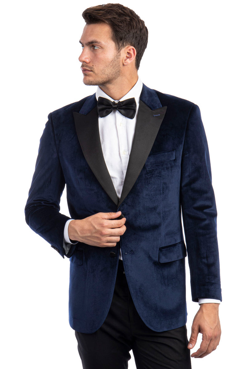 Men’s Two Button Peak Lapel Velvet Wedding & Prom Tuxedo Jacket in Navy Blue