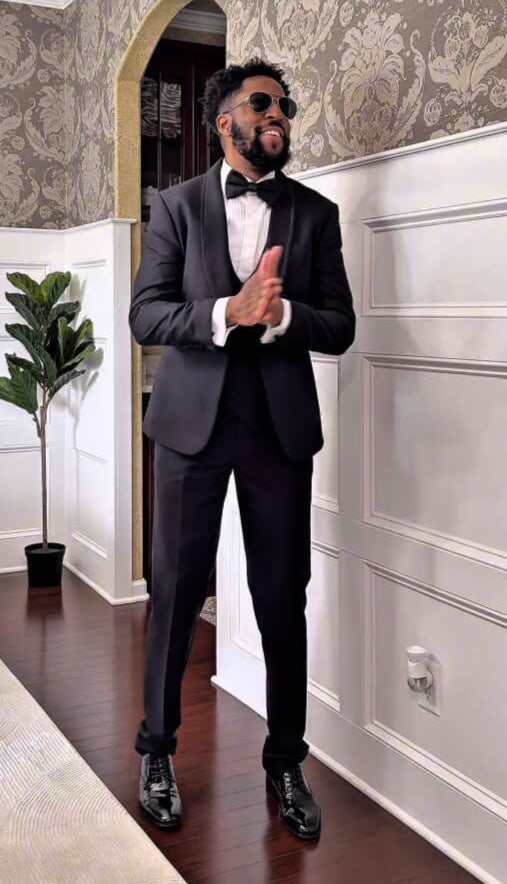 Men’s One Button Vested Shawl Tuxedo in Black Birdseye with Black Satin Trim