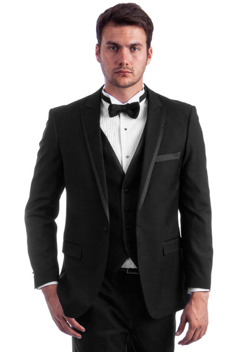 Men’s One Button Peak Wedding Tuxedo with Satin Trim in Black