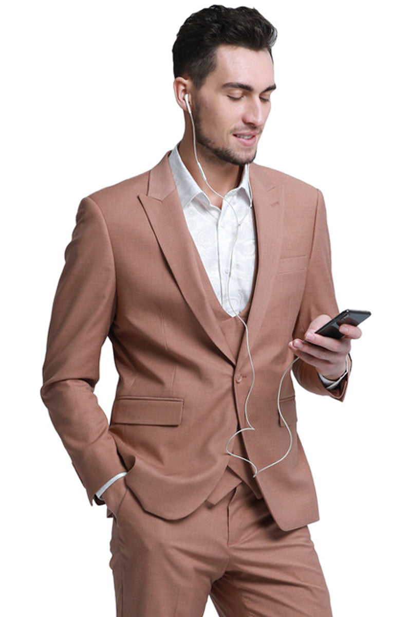 Men’s Slim Fit One Button Peak Lapel Low Cut Double Breasted Vest Wedding Suit in Peach