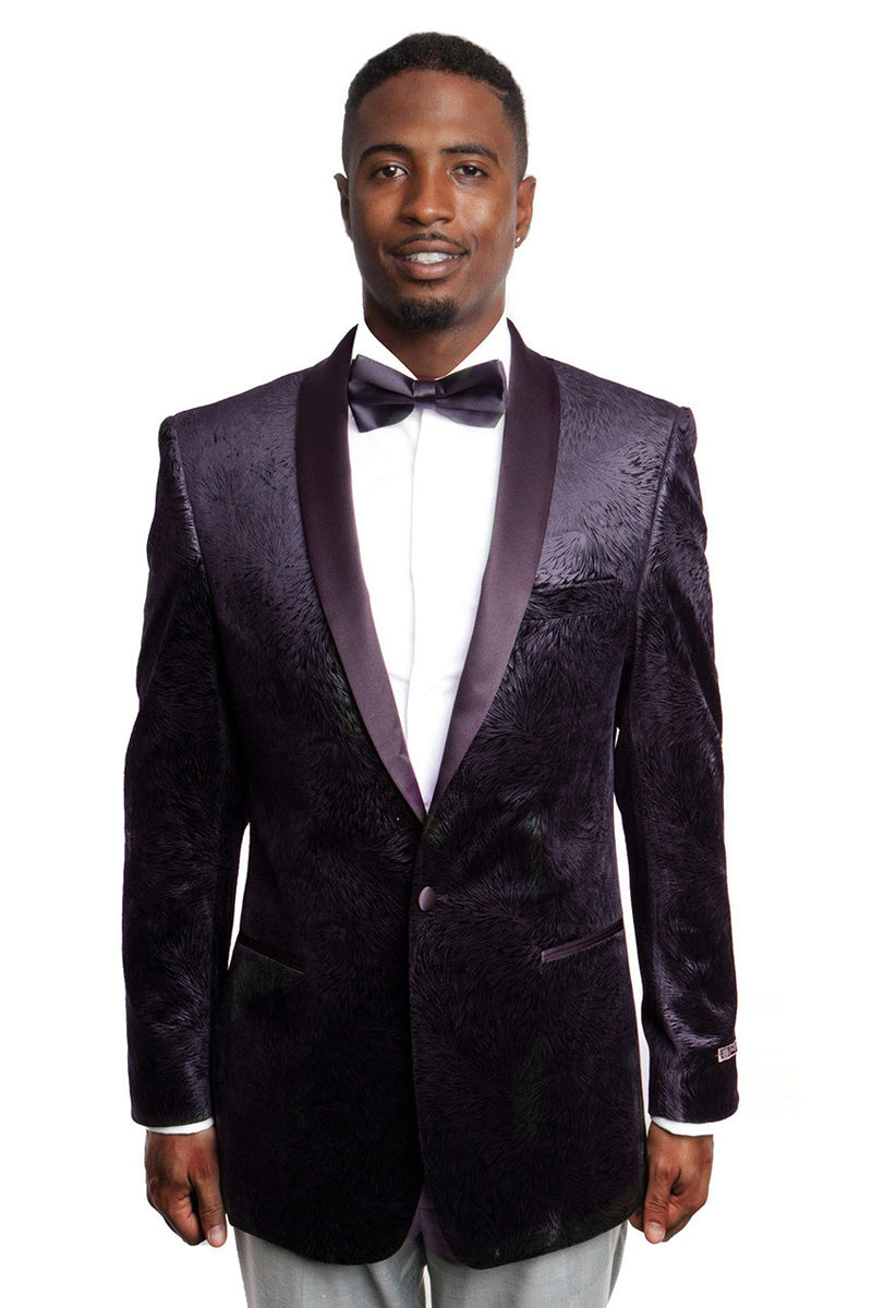 Men’s Floral Pattern Velvet Tuxedo Prom Dinner Jacket in Dark Burgundy Plum