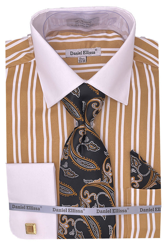 Men’s White Collar & French Cuff Double Stripe Dress Shirt in Beige