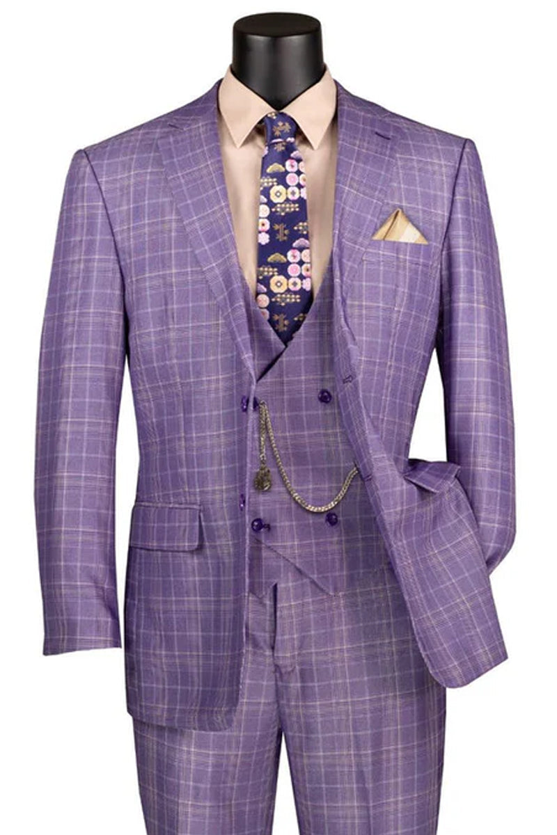 Men’s 2 Button Vested Peak Lapel Plaid Windowpane Suit in Light Purple