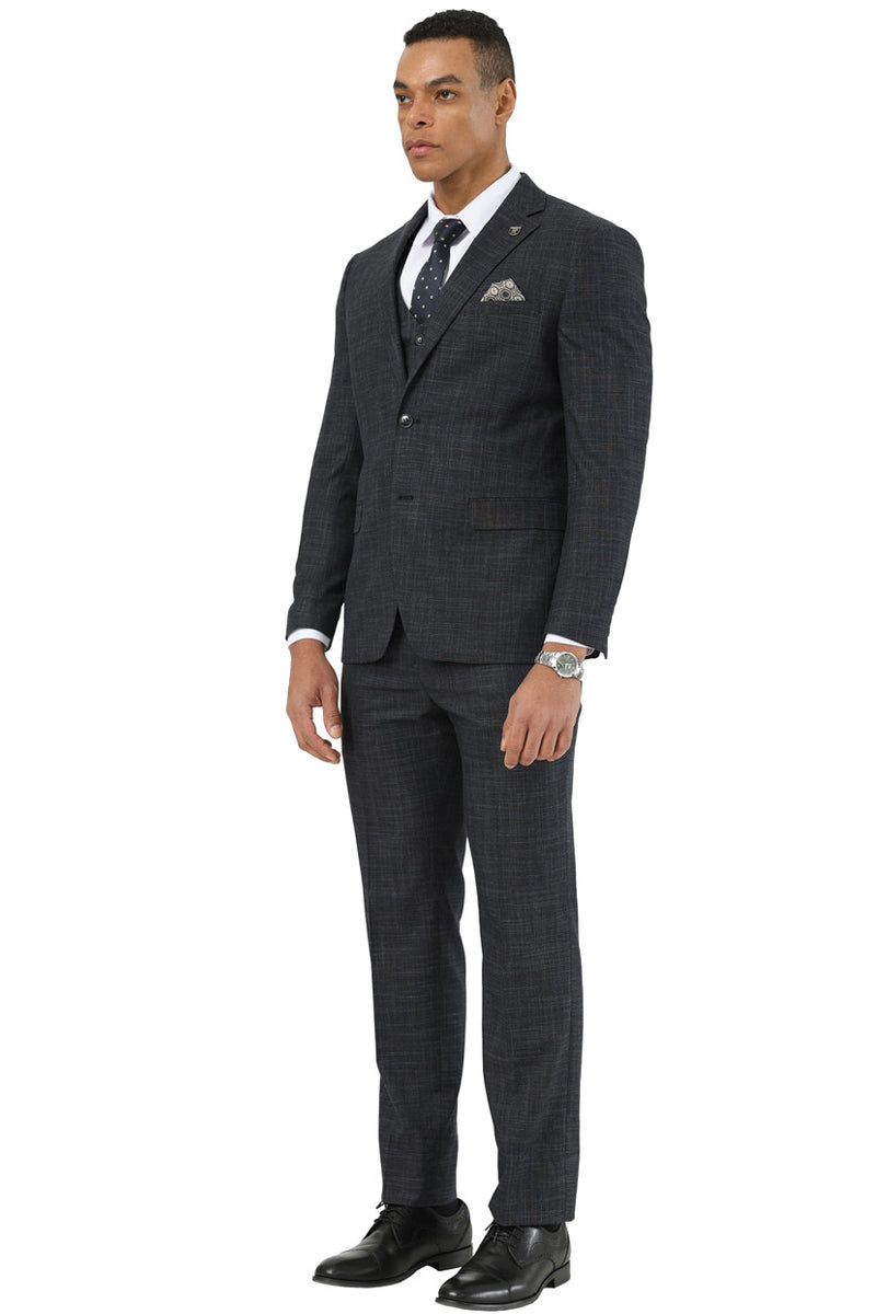 Men’s Designer Stacy Adams Vested Suit in Black Sharkskin Weave