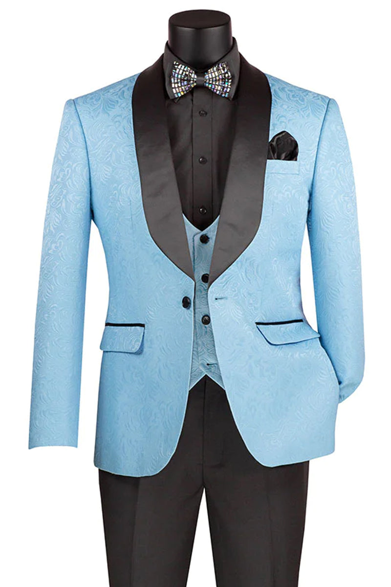 Men’s Slim Fit Vested Paisley Wedding Tuxedo in Light Blue