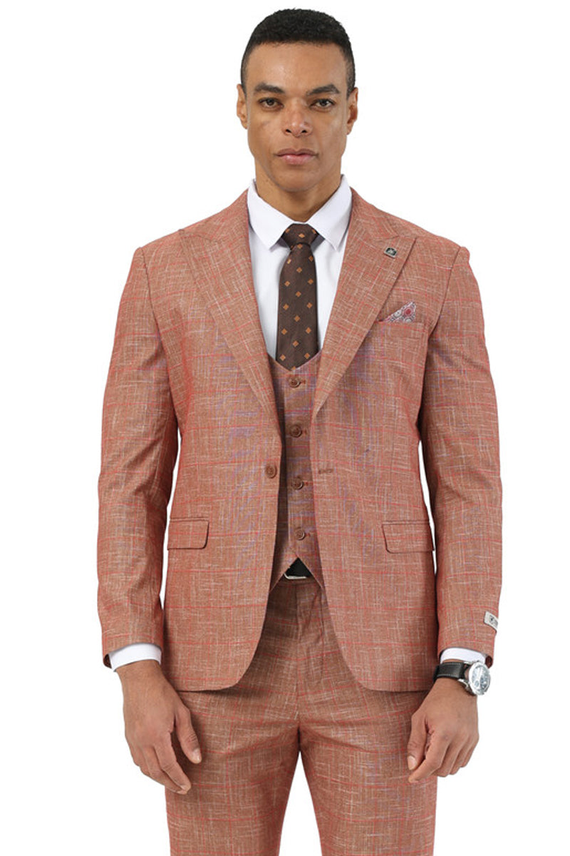 Men’s Stacy Adams One Button Peak Lapel Vested Suit in Taupe Sharkskin Windowpane