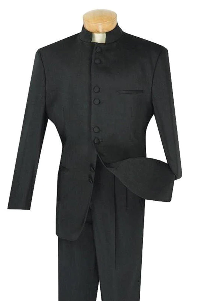 Mens Classic 8 Button Mandarin Collar Suit in Black