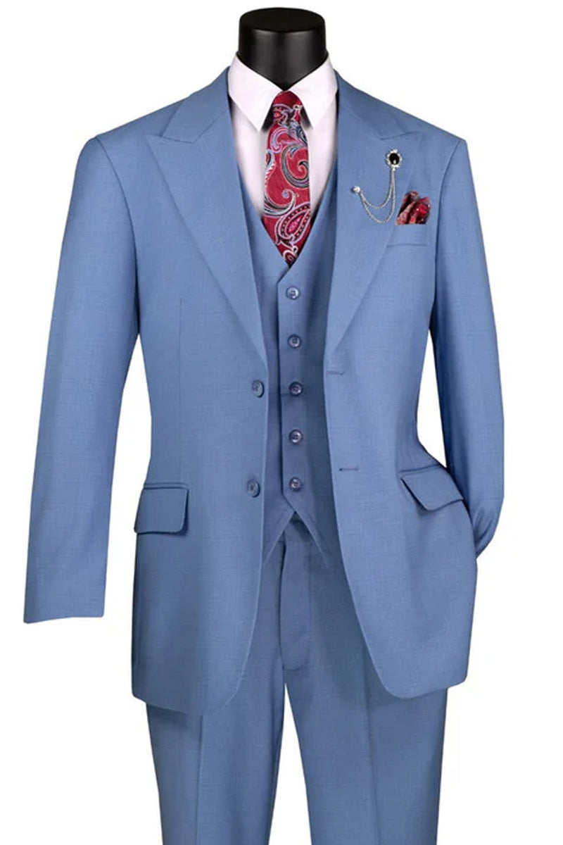 Men’s Summer Sharkskin Vested Suit in Light Dusty Blue