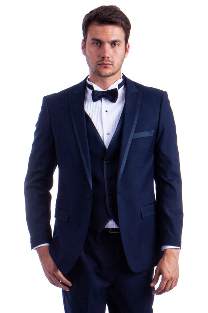Men’s One Button Peak Wedding Tuxedo with Satin Trim in Navy Blue