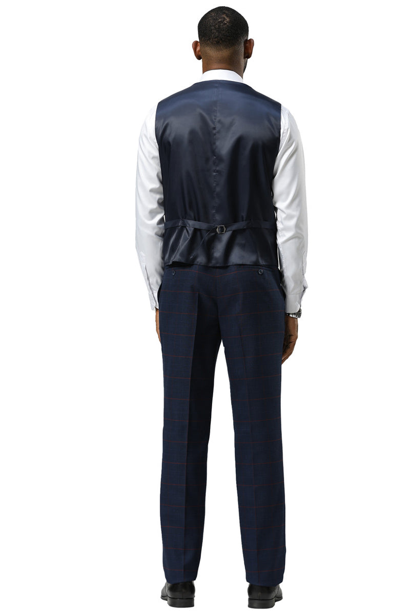 Men’s Stacy Adams One Button Peak Lapel Suit With Double Breasted Vest in Navy Glen Plaid