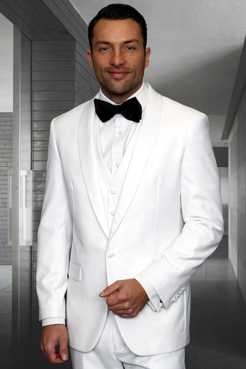 Men’s Designer Wool One Button Shawl Lapel Wedding Tuxedo in White