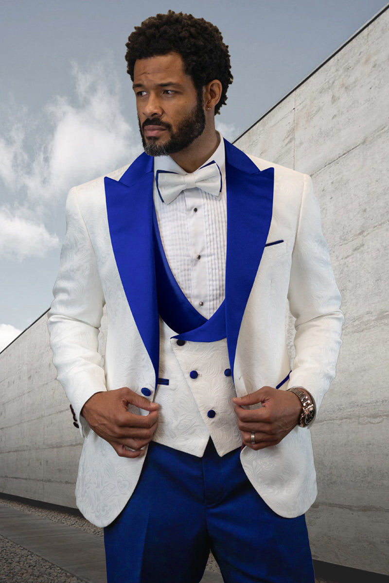 Men’s Designer Vested Contrast Peak Lapel Wool Wedding & Prom Tuxedo in White Paisley & Royal Blue