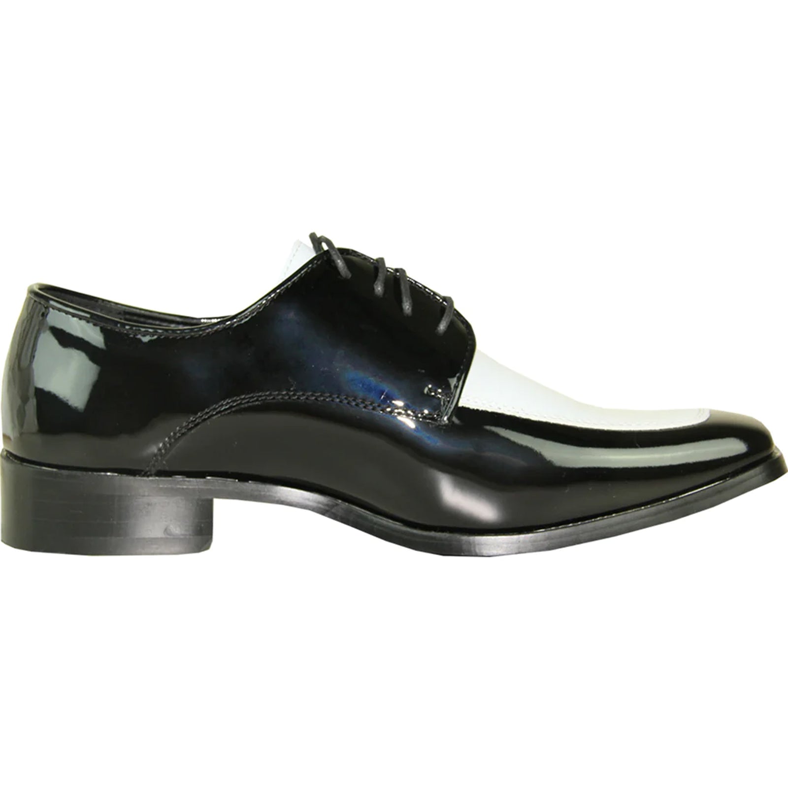 Mens Classic Moc Toe Shiny Patent Tuxedo Prom Shoe in Black & White