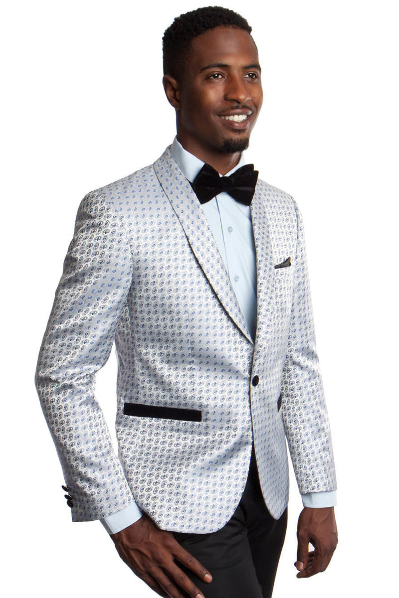 Men’s One Button Shawl Lapel Oval Paisley Pattern Dinner Jacket in Silver & Blue