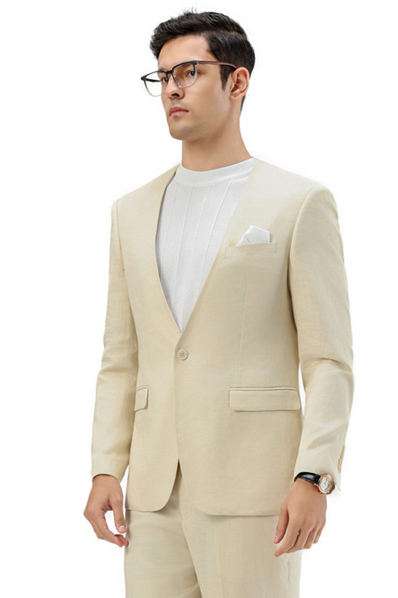 Men’s Modern Fit Collarless Summer Wedding Suit in Tan