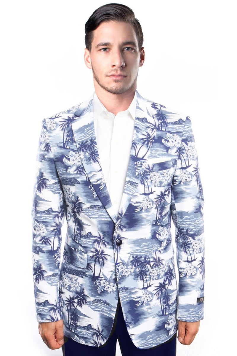 Men’s Slim Fit Tropical Print Vacation Blazer in Blue & White