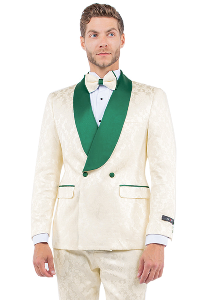 Men’s Slim Fit Double Breasted Paisley Smoking Jacket Prom & Wedding Tuxedo in Ivory & Emerald Green