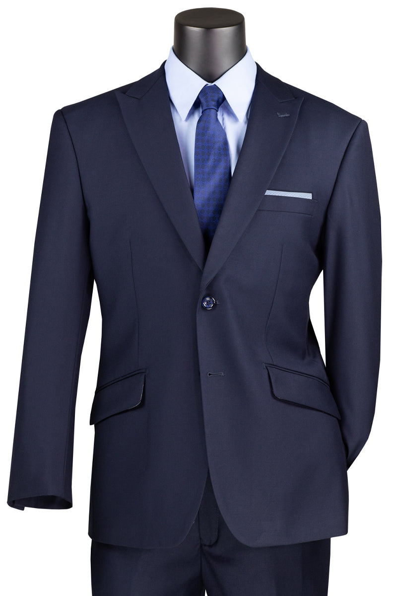Men’s Two Button Modern Fit Wide Peak Lapel Wool Feel Suit in Navy Blue