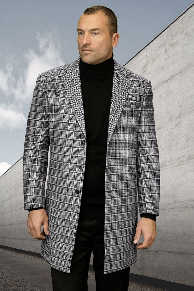 Men’s Designer 100% Wool Winter Car Coat in Black Plaid