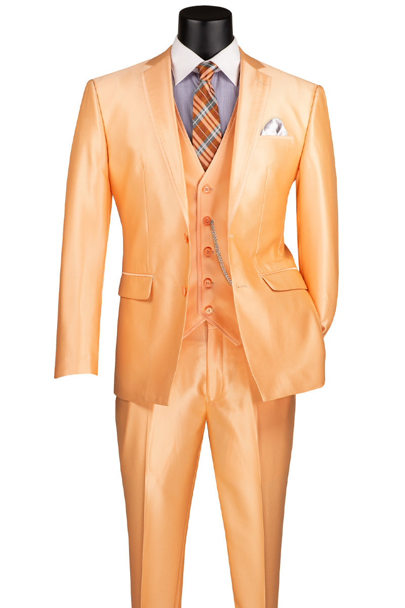 Men’s Vested Slim Fit Shiny Sharkskin Wedding & Prom Tuxedo Suit in Orange