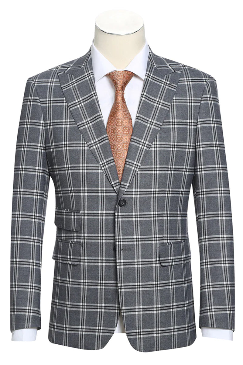 Mens Designer Slim Fit Peak Lapel Suit in Grey Windowpane Plaid