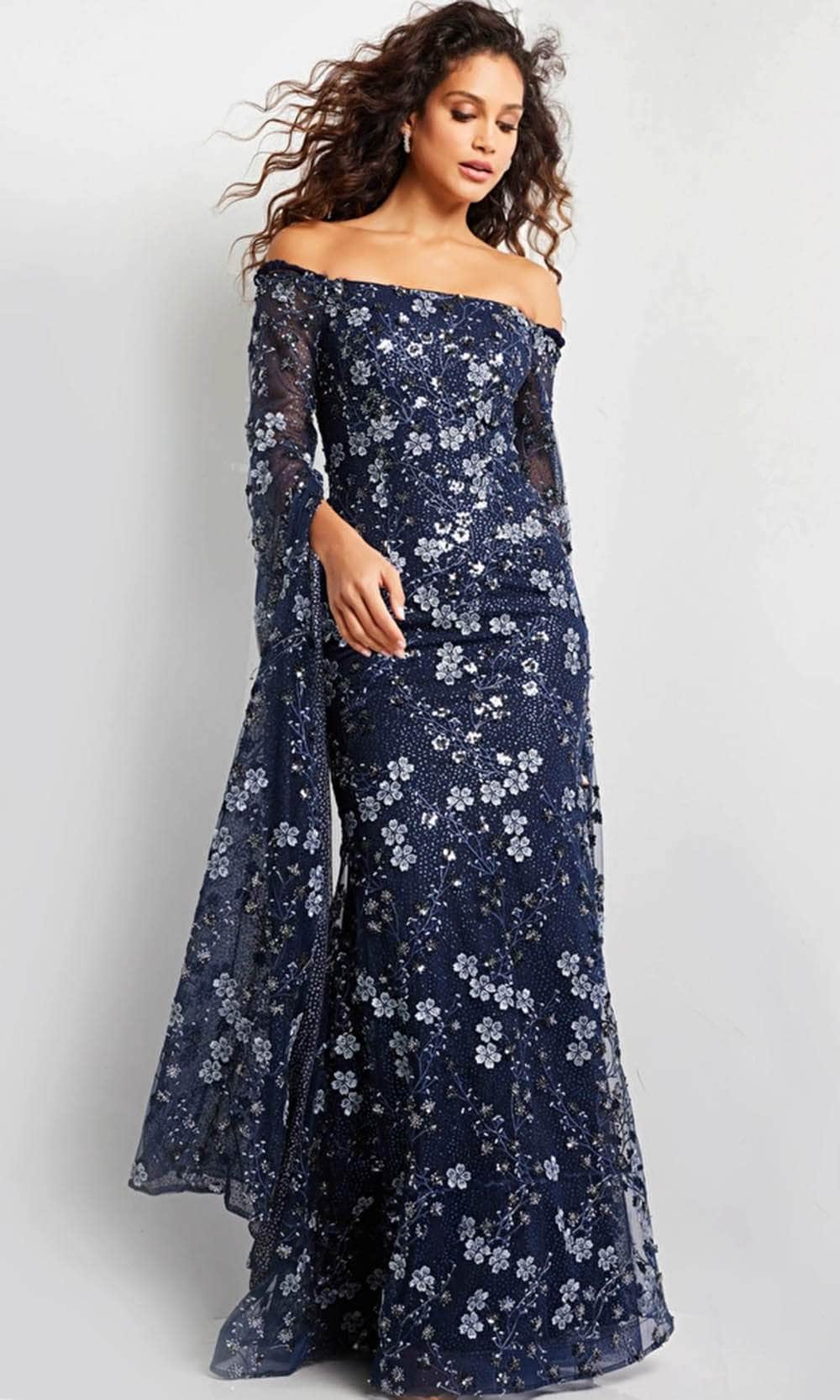 Floral Embroidered Cape Long Gown