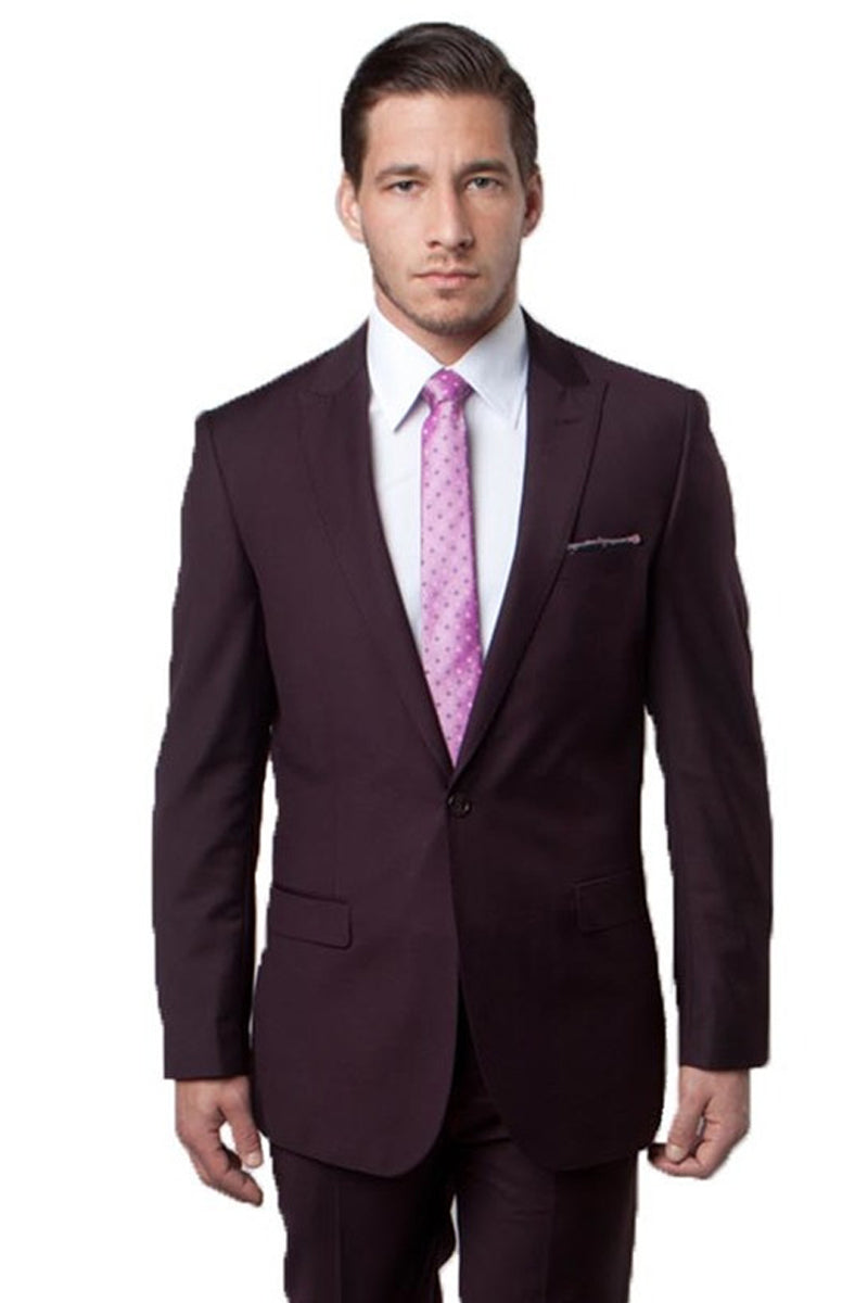 Men’s Slim Fit One Button Peak Lapel Suit in Eggplant Plum