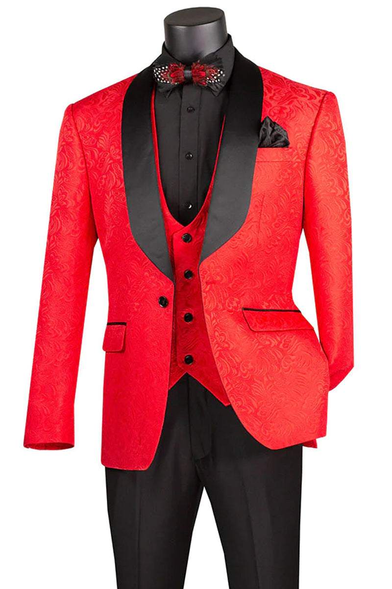 Men’s Slim Fit Vested Paisley Wedding Tuxedo in Red