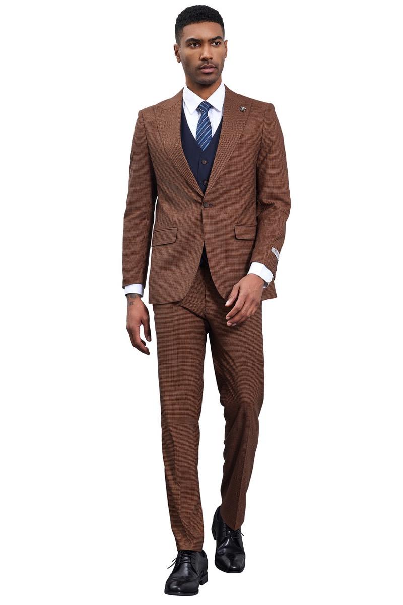 Men’s Stacy Adams One Button Peak Lapel Vested Micro Check in Cognac Brown with a Navy Vest