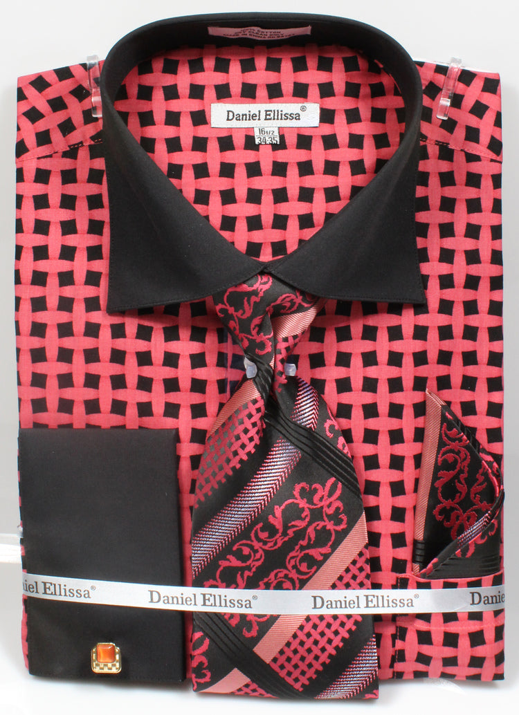 Men’s Contrast Collar French Cuff Lattice Pattern Dress Shirt & Tie Set in Black & Coral
